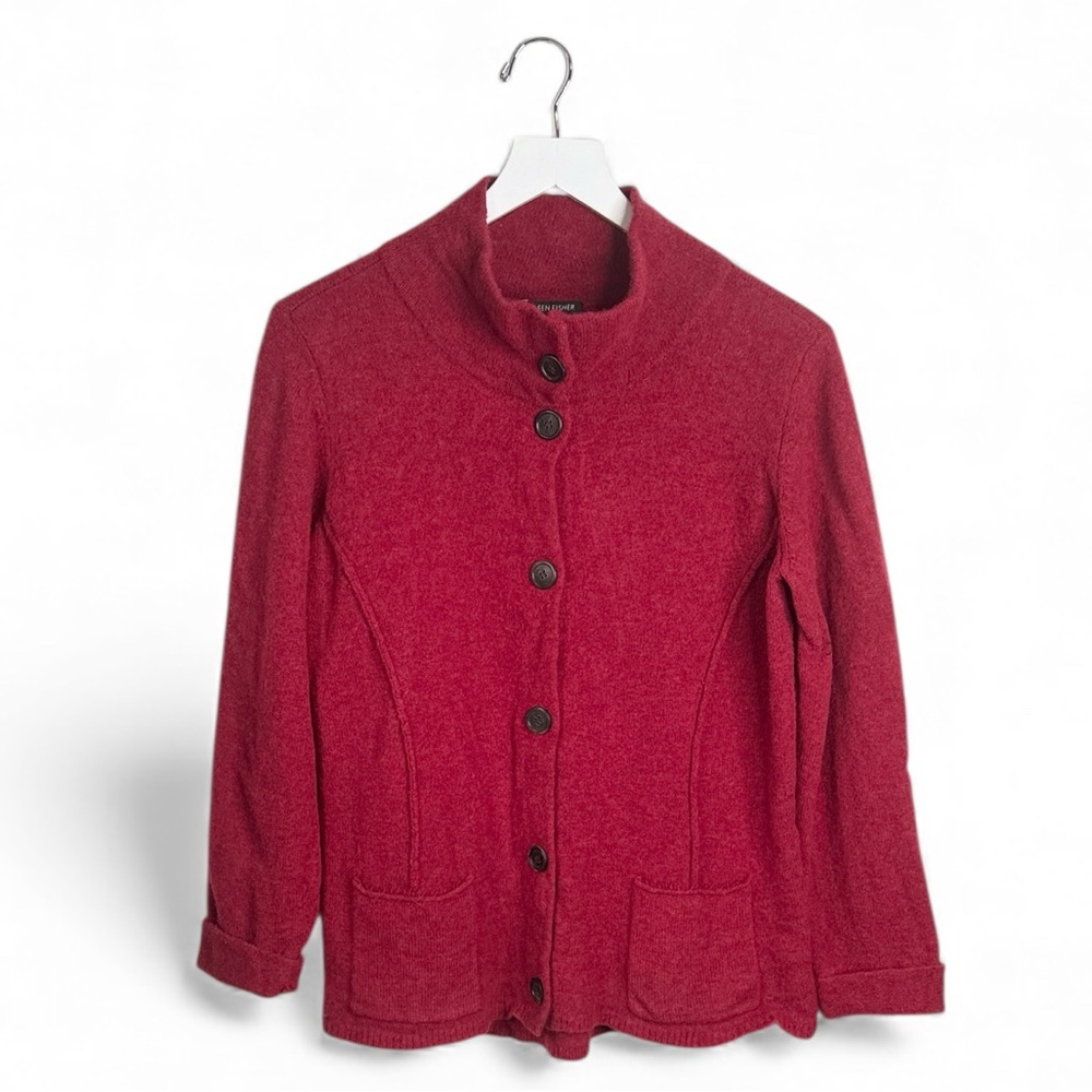 Eileen Fisher Red Wool Button-front Cardigan Sweater Jacket Blazer W1991 Sz L